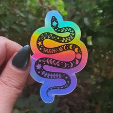 Load image into Gallery viewer, Snake Holographic Sticker. Sun And Moon Sticker. Witchy Sticker. Laptop Sticker. Flask Sticker. High quality Trippy Sticker