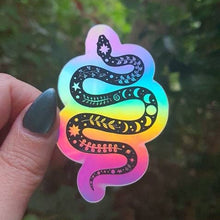 Load image into Gallery viewer, Snake Holographic Sticker. Sun And Moon Sticker. Witchy Sticker. Laptop Sticker. Flask Sticker. High quality Trippy Sticker