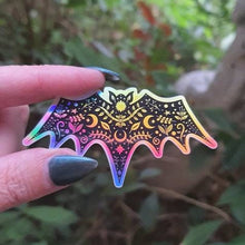 Load image into Gallery viewer, Bat Holographic  Sticker. Sun And Moon Sticker. Witch Sticker. Laptop Sticker. Flask Sticker. High quality Trippy Sticker