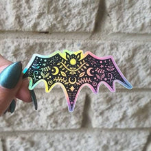 Load image into Gallery viewer, Bat Holographic  Sticker. Sun And Moon Sticker. Witch Sticker. Laptop Sticker. Flask Sticker. High quality Trippy Sticker