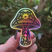 Load image into Gallery viewer, Mushroom Holographic Sticker. Sun Moon And Stars Sticker. Witchy Sticker. Laptop Sticker. Flask Sticker. High quality Trippy Sticker