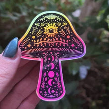 Load image into Gallery viewer, Mushroom Holographic Sticker. Sun Moon And Stars Sticker. Witchy Sticker. Laptop Sticker. Flask Sticker. High quality Trippy Sticker