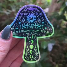 Load image into Gallery viewer, Mushroom Holographic Sticker. Sun Moon And Stars Sticker. Witchy Sticker. Laptop Sticker. Flask Sticker. High quality Trippy Sticker