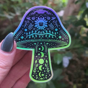 Mushroom Holographic Sticker. Sun Moon And Stars Sticker. Witchy Sticker. Laptop Sticker. Flask Sticker. High quality Trippy Sticker