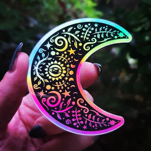 Beautiful Moon Holographic  Sticker. Moon Sticker. Witch Sticker. Laptop Sticker. Flask Sticker. High quality Trippy Sticker