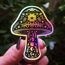 Load image into Gallery viewer, Mushroom Holographic Sticker. Sun Moon And Stars Sticker. Witchy Sticker. Laptop Sticker. Flask Sticker. High quality Trippy Sticker