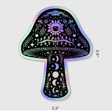 Load image into Gallery viewer, Mushroom Holographic Sticker. Sun Moon And Stars Sticker. Witchy Sticker. Laptop Sticker. Flask Sticker. High quality Trippy Sticker