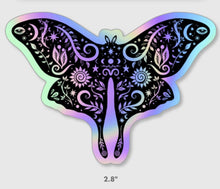 Load image into Gallery viewer, Moth Holographic  Sticker. Sun And Moon Sticker. Witch Sticker. Laptop Sticker. Flask Sticker. High quality Trippy Sticker