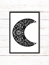 Load image into Gallery viewer, Crescent Moon Art Print | Stars Sun And Moon Print. Black And White Print. Beautiful Moon Print