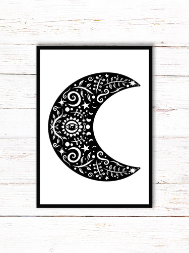 Crescent Moon Art Print | Stars Sun And Moon Print. Black And White Print. Beautiful Moon Print