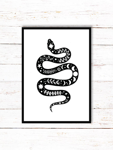 Snake Art Print | Stars Sun And Moon Print. Black And White Print. Beautiful Snake Print