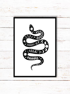 Snake Art Print | Stars Sun And Moon Print. Black And White Print. Beautiful Snake Print