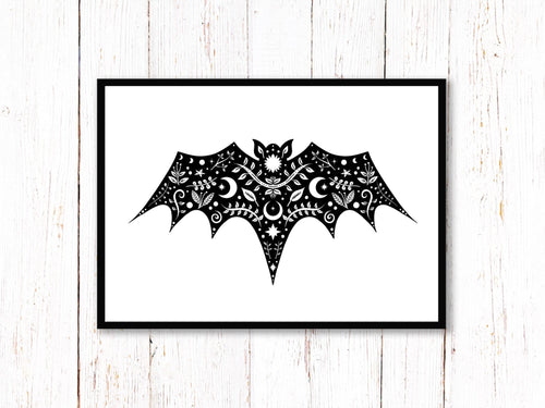 Bat Art Print. Stars Sun And Moon Print. Black And White Print. Beautiful Bat Print. Bat Artwork