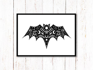 Bat Art Print. Stars Sun And Moon Print. Black And White Print. Beautiful Bat Print. Bat Artwork