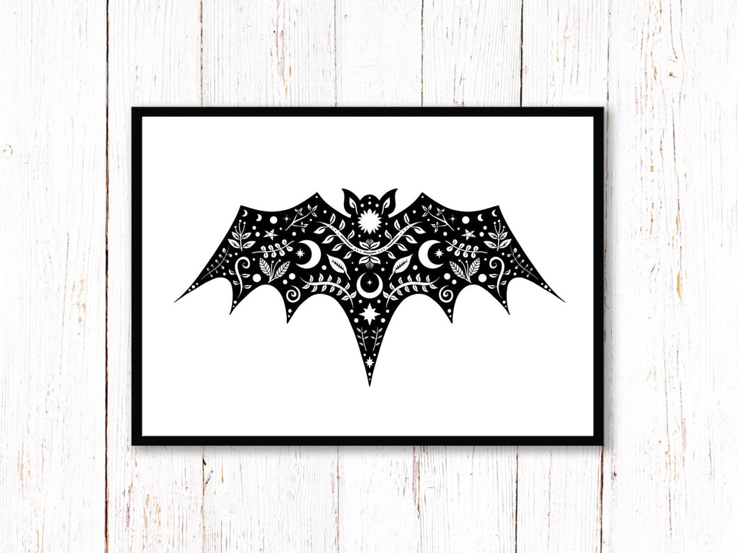 Bat Art Print. Stars Sun And Moon Print. Black And White Print. Beautiful Bat Print. Bat Artwork