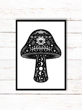 Load image into Gallery viewer, Mushroom Art Print | Stars Sun And Moon Print. Black And White Print. Beautiful Mushroom Print