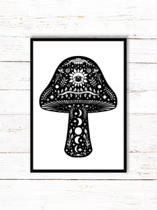 Mushroom Art Print | Stars Sun And Moon Print. Black And White Print. Beautiful Mushroom Print