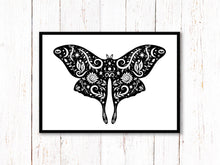 Load image into Gallery viewer, Moth Art Print | Stars Sun And Moon Print. Black And White Print. Beautiful Moth Print. Moth Wall Art. Flower Artwork