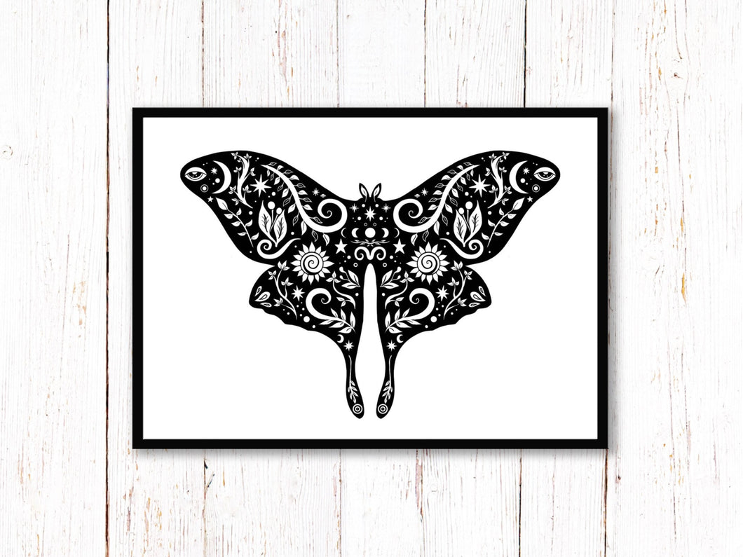 Moth Art Print | Stars Sun And Moon Print. Black And White Print. Beautiful Moth Print. Moth Wall Art. Flower Artwork