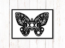 Load image into Gallery viewer, Butterfly Art Print | Stars Sun And Moon Print. Black And White Print. Beautiful Butterfly Print. Butterfly Wall Art. Flower Artwork