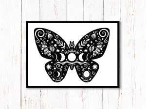 Butterfly Art Print | Stars Sun And Moon Print. Black And White Print. Beautiful Butterfly Print. Butterfly Wall Art. Flower Artwork