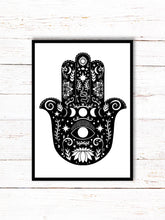 Load image into Gallery viewer, Hamsa Hand Art Print | Stars Sun And Moon Print. Black And White Print. Beautiful Buddha Hand Print. Butterfly Wall Art. Flower Artwork