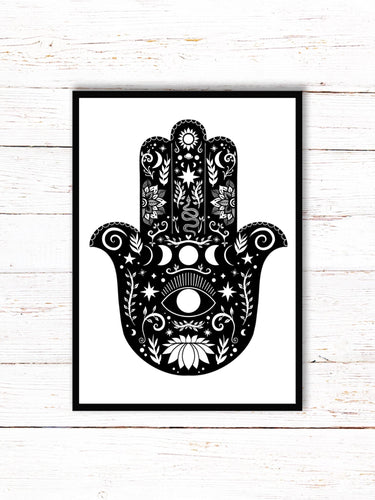 Hamsa Hand Art Print | Stars Sun And Moon Print. Black And White Print. Beautiful Buddha Hand Print. Butterfly Wall Art. Flower Artwork