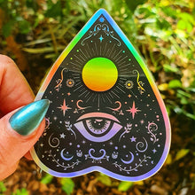 Load image into Gallery viewer, Planchette Holographic  Sticker. Ouija Board Sticker. Witch Sticker. Laptop Sticker. Flask Sticker. High quality Trippy Sticker