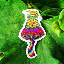 Load image into Gallery viewer, Clear Frog On Mushroom. Clear Sticker. Frog Sticker. Mini Stickers. Mushroom Sticker - High quality Trippy sticker