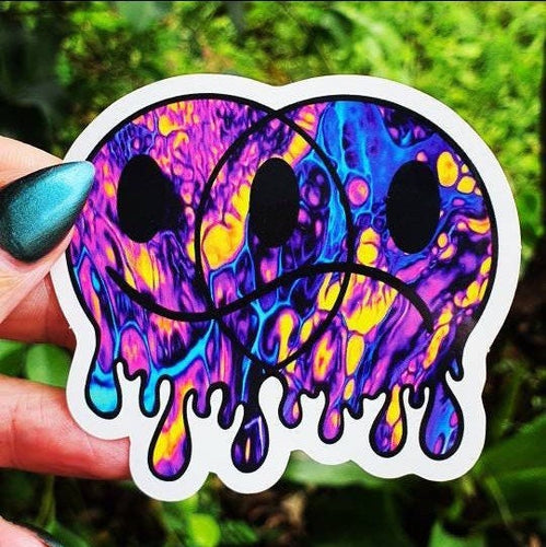 Happy Sad Face Sticker. Melting Smiley Face Trippy sticker. Laptop Sticker. Smile Face Frown Face. Psychedelic Stickers