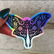 Load image into Gallery viewer, Moth Holographic  Sticker. Sun And Moon Sticker. Witch Sticker. Laptop Sticker. Flask Sticker. High quality Trippy Sticker