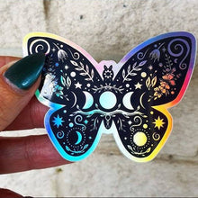 Load image into Gallery viewer, Butterfly Holographic Sticker. Sun And Moon Sticker. Witchy Sticker. Laptop Sticker. Flask Sticker. High quality Trippy Sticker