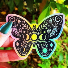 Load image into Gallery viewer, Butterfly Holographic Sticker. Sun And Moon Sticker. Witchy Sticker. Laptop Sticker. Flask Sticker. High quality Trippy Sticker