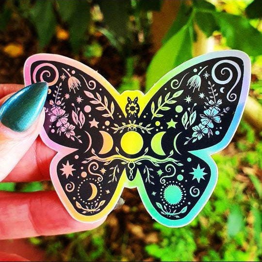 Butterfly Holographic Sticker. Sun And Moon Sticker. Witchy Sticker. Laptop Sticker. Flask Sticker. High quality Trippy Sticker