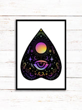 Load image into Gallery viewer, Planchette Art Print | Stars Sun And Moon Print. Black And White Print. Beautiful Planchette Print. Ouija Board Wall Art. Flower Artwork