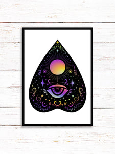 Planchette Art Print | Stars Sun And Moon Print. Black And White Print. Beautiful Planchette Print. Ouija Board Wall Art. Flower Artwork