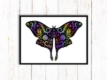 Load image into Gallery viewer, Moth Art Print | Stars Sun And Moon Print. Black And White Print. Beautiful Moth Print. Moth Wall Art. Flower Artwork