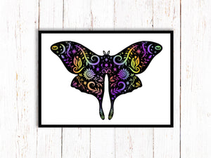 Moth Art Print | Stars Sun And Moon Print. Black And White Print. Beautiful Moth Print. Moth Wall Art. Flower Artwork