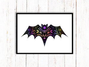 Bat Art Print. Stars Sun And Moon Print. Black And White Print. Beautiful Bat Print. Bat Artwork