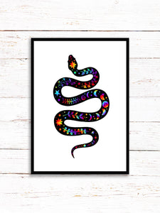 Snake Art Print | Stars Sun And Moon Print. Black And White Print. Beautiful Snake Print