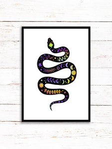 Snake Art Print | Stars Sun And Moon Print. Black And White Print. Beautiful Snake Print