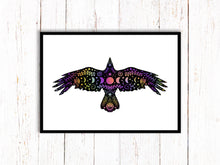 Load image into Gallery viewer, Crow Art Print | Stars Sun And Moon Print. Black And White Print. Beautiful Bird Print