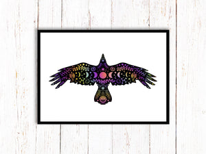 Crow Art Print | Stars Sun And Moon Print. Black And White Print. Beautiful Bird Print