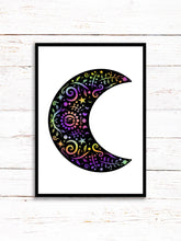 Load image into Gallery viewer, Crescent Moon Art Print | Stars Sun And Moon Print. Black And White Print. Beautiful Moon Print