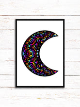 Load image into Gallery viewer, Crescent Moon Art Print | Stars Sun And Moon Print. Black And White Print. Beautiful Moon Print