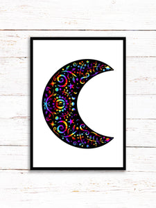 Crescent Moon Art Print | Stars Sun And Moon Print. Black And White Print. Beautiful Moon Print