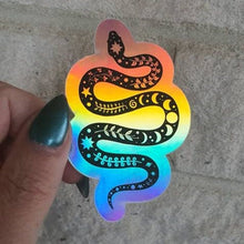 Load image into Gallery viewer, Snake Holographic Sticker. Sun And Moon Sticker. Witchy Sticker. Laptop Sticker. Flask Sticker. High quality Trippy Sticker