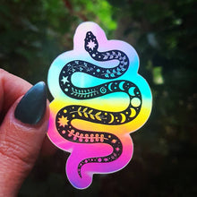 Load image into Gallery viewer, Snake Holographic Sticker. Sun And Moon Sticker. Witchy Sticker. Laptop Sticker. Flask Sticker. High quality Trippy Sticker